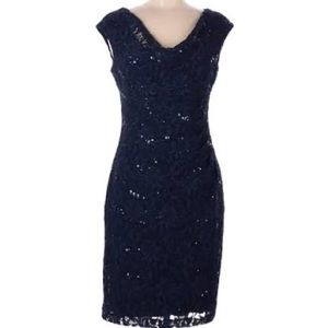 Size 8 RALPH LAUREN navy blue lace/sequin, cowl neck cocktail dress